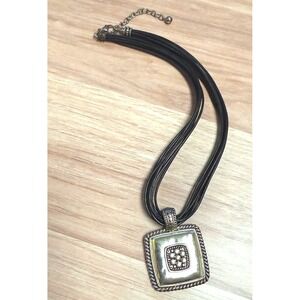 Boho Southwestern Multi Strand Black Cord Necklace Silver Tone Square Pendant